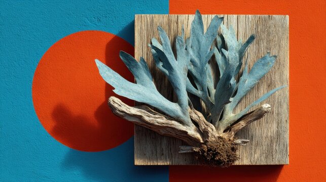 Artistic display of staghorn fern on colorful geometric background