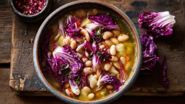 White Bean Stew with Marinated Radicchio. Hearty white bean and cabbage soup with vegetables in rustic bowl