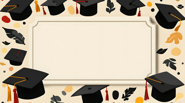 Festive graduation background template frame decorated with small academic hats and copy space