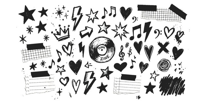 Set of hand drawn punk rock doodle elements with stars hearts music notes and paper tape scraps