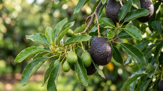 Close up avocado tree branch with fresh green fruits and glossy leaves for agriculture, healthy food and botanical concepts