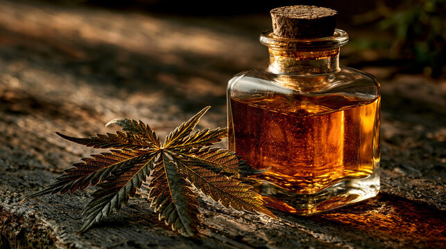 A moody, high-resolution still life featuring a glass bottle of golden cannabis oil placed on a textured wooden surface next to a fresh cannabis leaf.