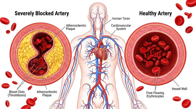 Comparison of Arterial Health A medical illustration contrasts a severely blocked artery showing atherosclerotic plaque and thrombus with a healthy artery