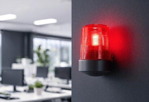 Red emergency fire alarm warning light mounted inside a modern office building, representing workplace safety, evacuation readiness, fire protection, compliance, and emergency response.