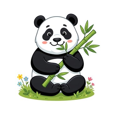 Cute cartoon panda eating fresh green bamboo. Adorable black and white bear chewing plant in nature illustration.
