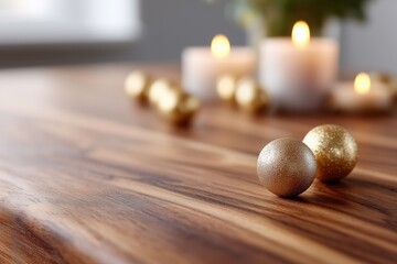 Naklejka premium Golden Christmas baubles rest on a wooden table with candles in the background, festive home decor, holiday warmth, cozy celebration, seasonal decoration, Christmas, winter holiday spirit.