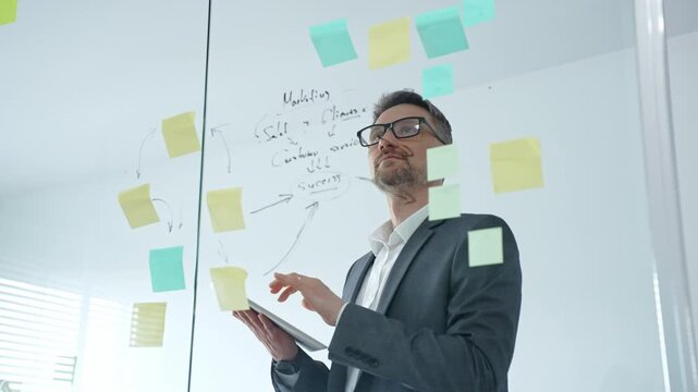 Business professional planning strategy and brainstorming ideas using sticky notes on a transparent glass whiteboard while holding a tablet in an modern office setting