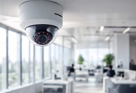 Modern white security camera installed on office lobby ceiling providing CCTV surveillance, workplace protection, property security, continuous monitoring, corporate safety, advanced technology, indoo
