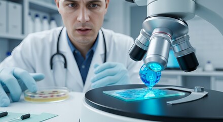Fototapeta premium A Close Professional Medical Scientist Observing A Microscopic Laboratory Specimen Under Light