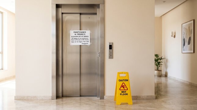 Closed elevator doors with maintenance sign in building lobby