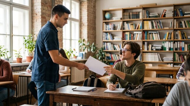 Male student handing a printed sheet of paper to a classmate in a cozy library classroom with bookshelves, plants and natural daylight