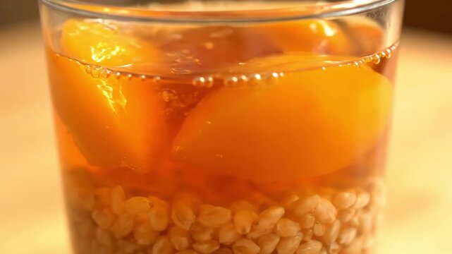 Macro close-up of a glass of sweet peach compote or barley drink with fruit slices and textured grains submerged in sparkling amber liquid, highlighting refreshment and healthy dessert.