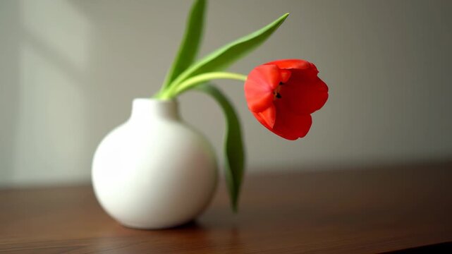 Red tulip material in a white vase, red in a white vase