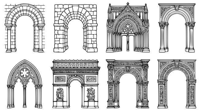 Architectural arch collection featuring gothic and classical stone archways and historical building entrance designs