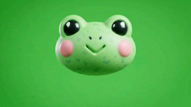 Cute 3D Frog Head Floating with Big Eyes on Green Screen. 4K Video