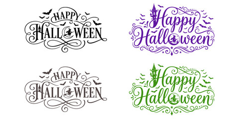 Set of four decorative happy halloween typography designs with ornate flourishes and spooky elements for seasonal greeting cards © Kochi