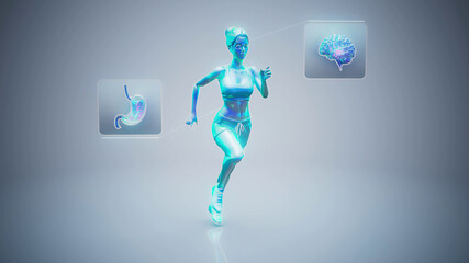 Fototapeta na wymiar Conceptual 3D illustration of a fit woman running with brain-gut axis hormones