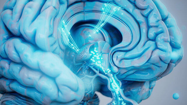 Conceptual 3D illustration of a brain cross section with hypothalamic-pituitary axis hormones