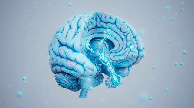 Conceptual 3D illustration of a brain cross section with hypothalamic-pituitary axis hormones