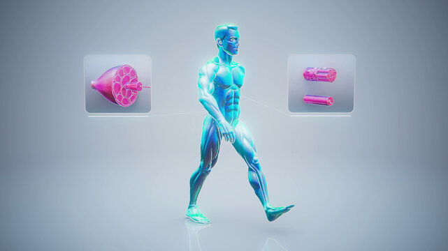 Conceptual 3D illustration of an anatomical muscle man