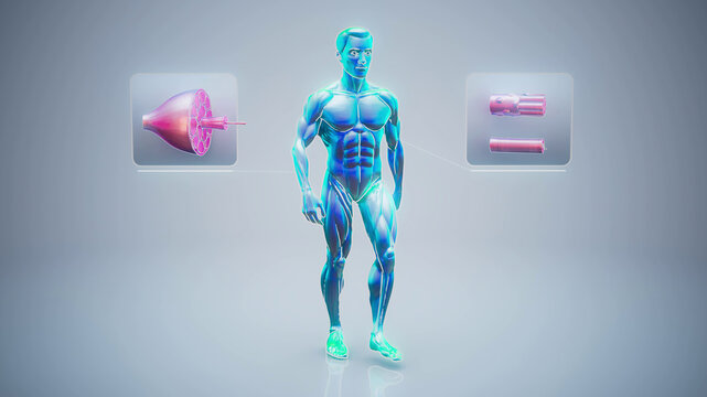 Conceptual 3D illustration of an anatomical muscle man