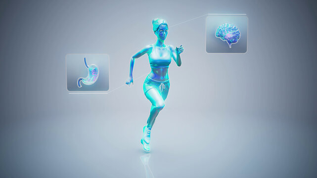 Conceptual 3D illustration of a fit woman running with brain-gut axis hormones