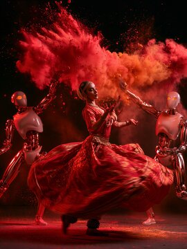 A beautiful dancer in a red dress surrounded by robots with red and orange powder explosions