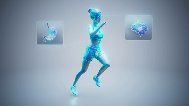 Conceptual 3D illustration of a fit woman running with brain-gut axis hormones