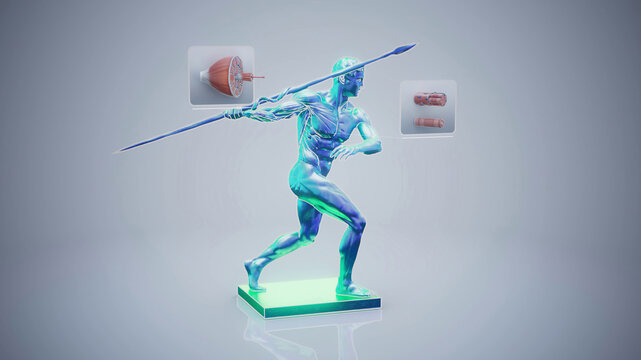 Conceptual 3D illustration of a Greek statue with visible muscle anatomy