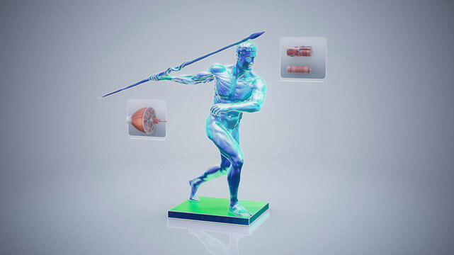 Conceptual 3D illustration of a Greek statue with visible muscle anatomy