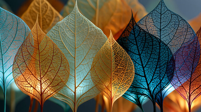 A beautiful, high-resolution macro shot showcasing overlapping skeletonized leaves in vibrant blue, orange, and purple hues, arranged in a delicate pattern.