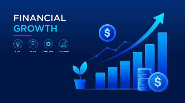  Financial Growth flat design vector illustration featuring rising bar chart, upward arrow, line graph, coins, money stack, plant and business strategy icons, representing investment, profit, wealth