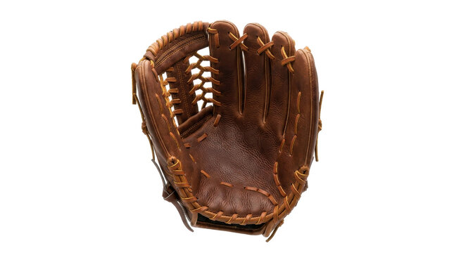Baseball fielding glove with detailed stitching and lacing presented on transparent background catcher mitt equipment sports