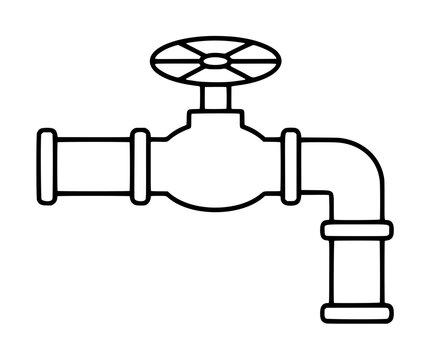 Hand-drawn black outline water pipe valve icon featuring a circular handwheel on top, a rounded central valve body with bolted flanges, a horizontal inlet pipe, and a curved outlet pipe leading