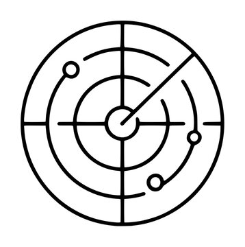 Hand-drawn vector icon of a classic radar dial with concentric circles crosshairs and sweeping beam tracking circular blips, monochrome line illustration for weather and navigation design