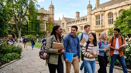 Fototapeta premium Diverse multiracial group of university students laughing, smiling, and walking outdoors on a sunny historic campus, carrying notebooks, folders, and backpacks during a cheerful day