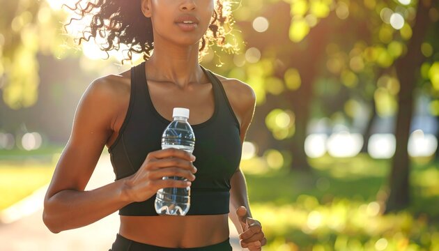 Mujer deportista sosteniendo una botella de agua mientras corre en un parque iluminado por el sol