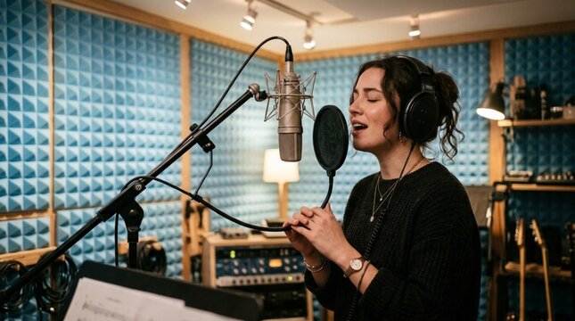 Female vocalist singing into studio microphone wearing large headphones in professional soundproof recording booth with acoustic foam panels