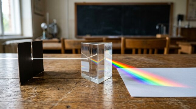 Glass triangular prism refracting white light into vivid rainbow spectrum on wooden classroom table with blackboard backdrop, physics optics experiment demonstration