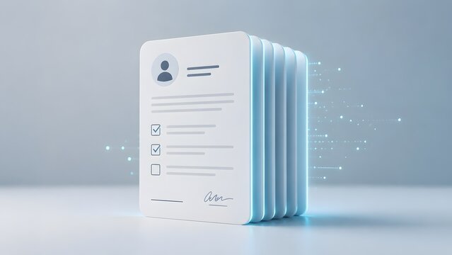 Stack of modern digital document profiles glowing with blue neon edges emitting data particles representing secure electronic records management