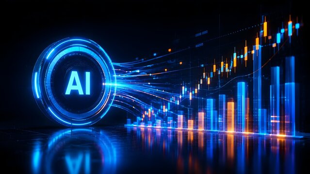 Glowing artificial intelligence core generating 3D holographic financial charts representing algorithmic trading and automated stock market growth