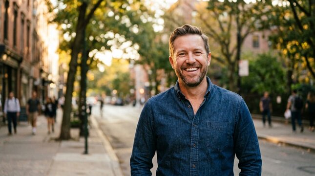Cheerful bearded man in denim shirt smiling warmly at camera on sunlit urban street with pedestrians and trees during golden hour