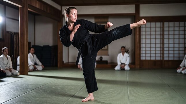 Focused Female Martial Artist Performing High Side Kick in Traditional Dojo