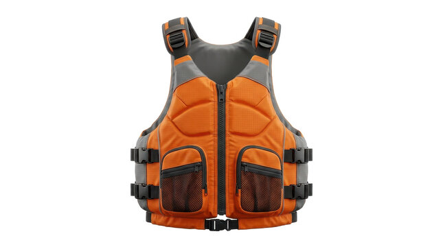 Orange life vest with adjustable straps and zippered pockets on transparent background lifejacket personal flotation device