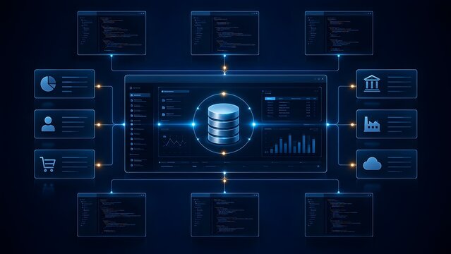 Comprehensive digital dashboard illustrating a central database server connecting to multiple functional modules and interface panels.