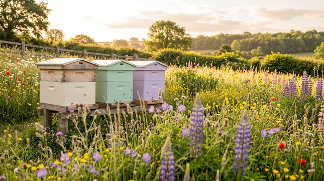 Pastel Colored Beehives in a Sunny Wildflower Meadow