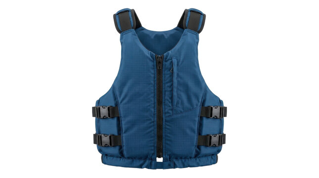 Blue life vest with adjustable straps and front zipper on transparent background lifejacket personal flotation device