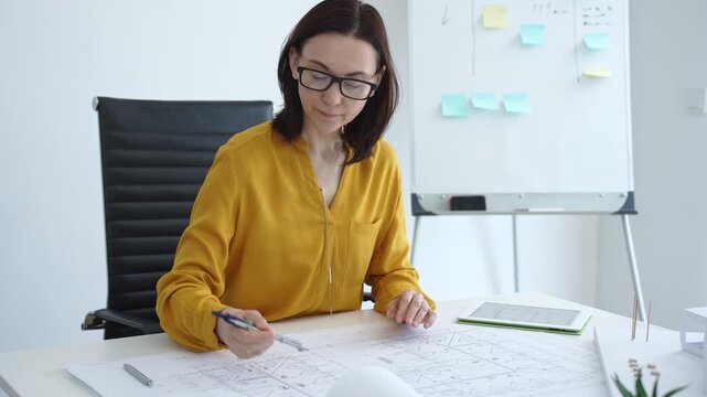 Female architect drawing blueprints for a new construction project, creating innovative building designs using a compass in a modern professional office workspace