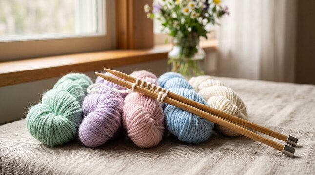 Pastel Yarn Balls and Wooden Knitting Needles