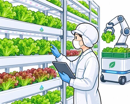 植物工場で水耕栽培の野菜を管理する研究員と自動収穫ロボット、最新技術を導入したスマート農業のイラストレーション
